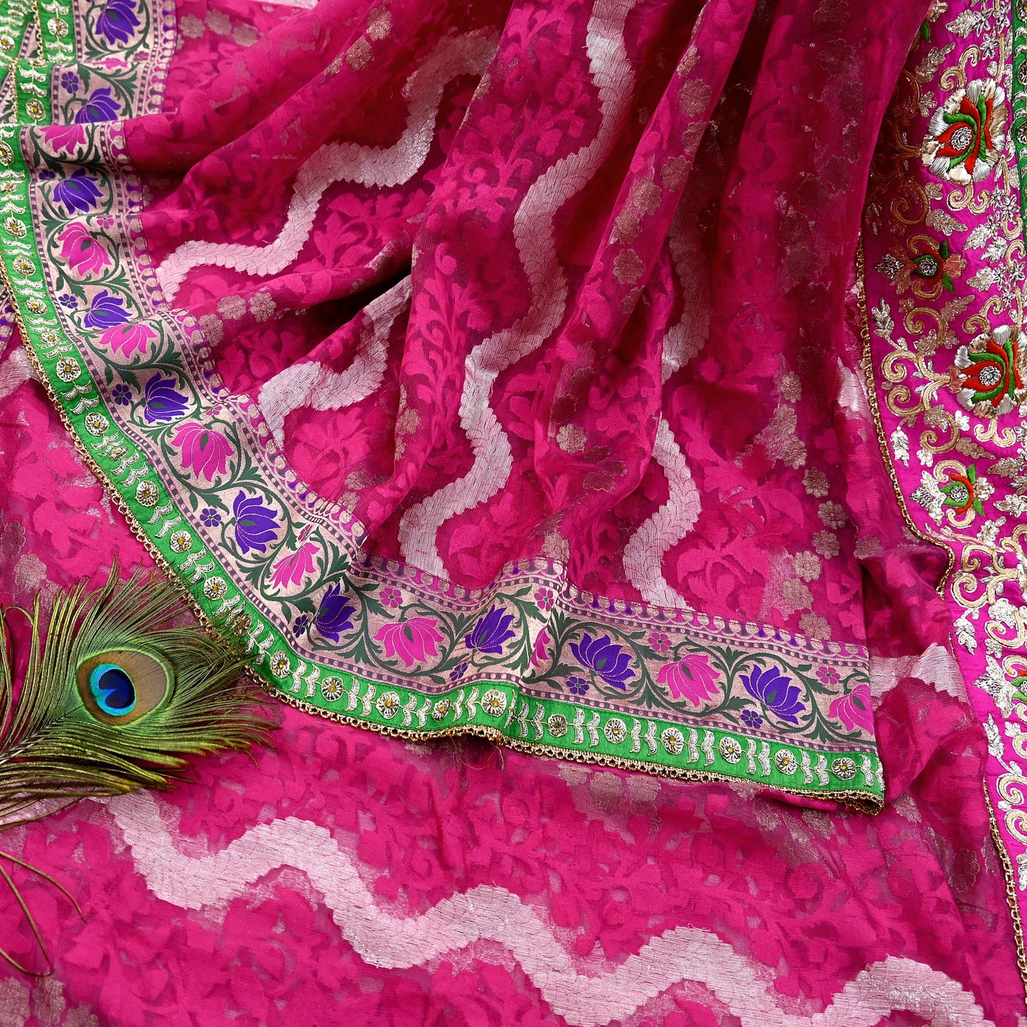 Indian Pre-Owned Sari Magenta Pure Silk Hand Embroidered Jamdani Designer Manish Malhotra Sarees Ethnic Zardozi/Zari wedding Saree