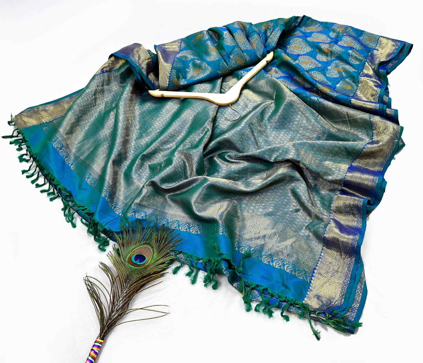 Indian Vintage Heavy Blue & Green Saree 100% Pure Silk Hand Woven Kanjeevaram Sari 5yd Ethnic Zari Premium Wedding Saree Fringes