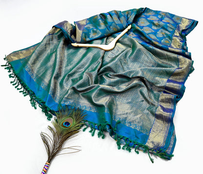 Indian Vintage Heavy Blue & Green Saree 100% Pure Silk Hand Woven Kanjeevaram Sari 5yd Ethnic Zari Premium Wedding Saree Fringes