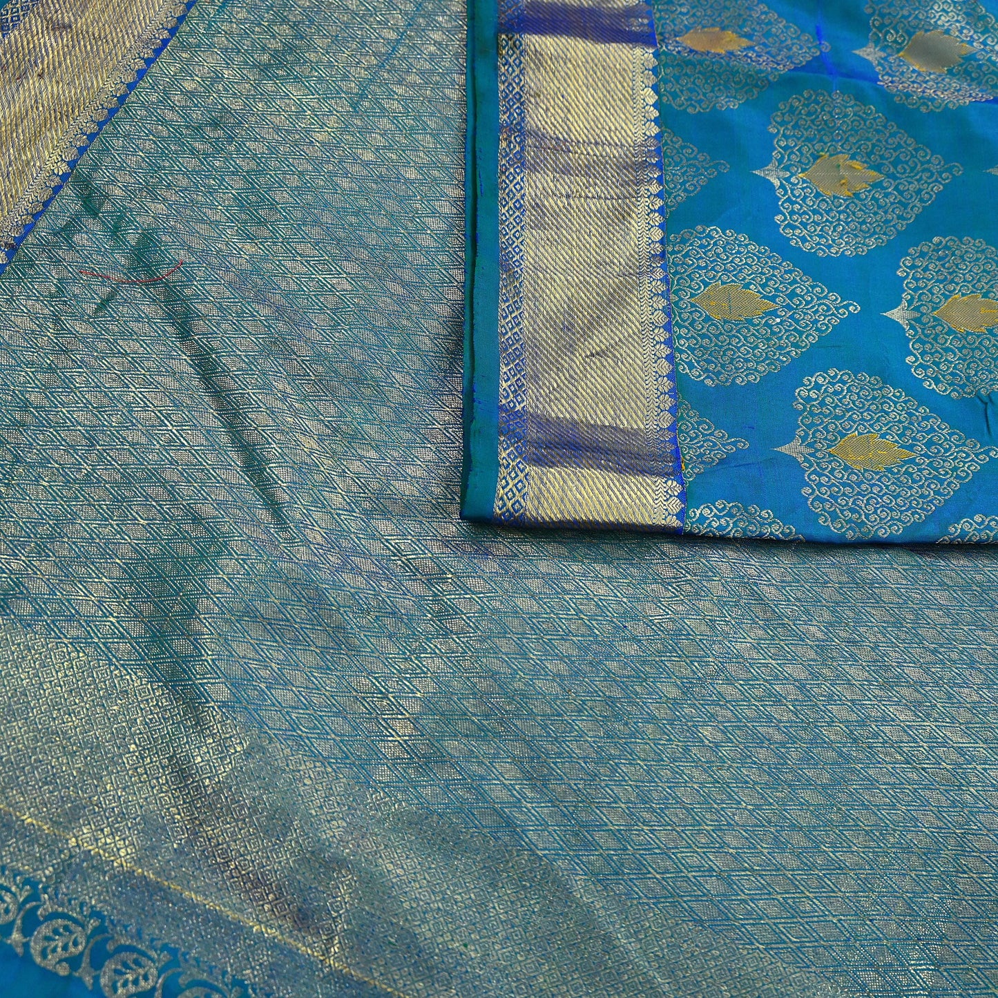 Indian Vintage Heavy Blue & Green Saree 100% Pure Silk Hand Woven Kanjeevaram Sari 5yd Ethnic Zari Premium Wedding Saree Fringes