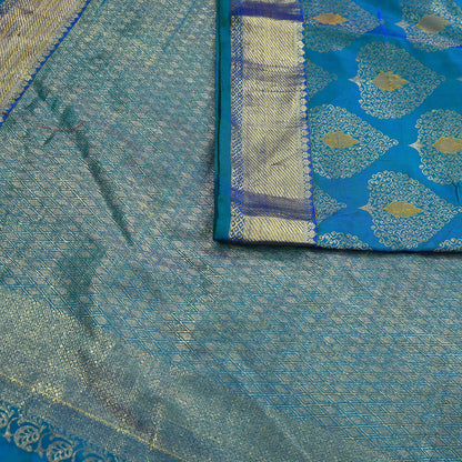 Indian Vintage Heavy Blue & Green Saree 100% Pure Silk Hand Woven Kanjeevaram Sari 5yd Ethnic Zari Premium Wedding Saree Fringes