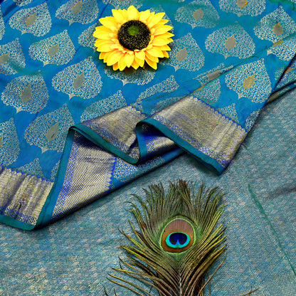 Indian Vintage Heavy Blue & Green Saree 100% Pure Silk Hand Woven Kanjeevaram Sari 5yd Ethnic Zari Premium Wedding Saree Fringes