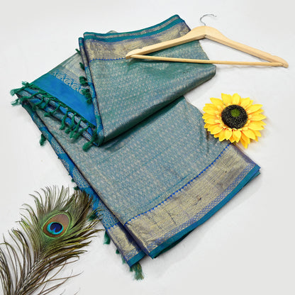 Indian Vintage Heavy Blue & Green Saree 100% Pure Silk Hand Woven Kanjeevaram Sari 5yd Ethnic Zari Premium Wedding Saree Fringes
