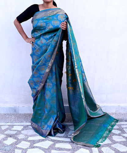 Indian Vintage Heavy Blue & Green Saree 100% Pure Silk Hand Woven Kanjeevaram Sari 5yd Ethnic Zari Premium Wedding Saree Fringes