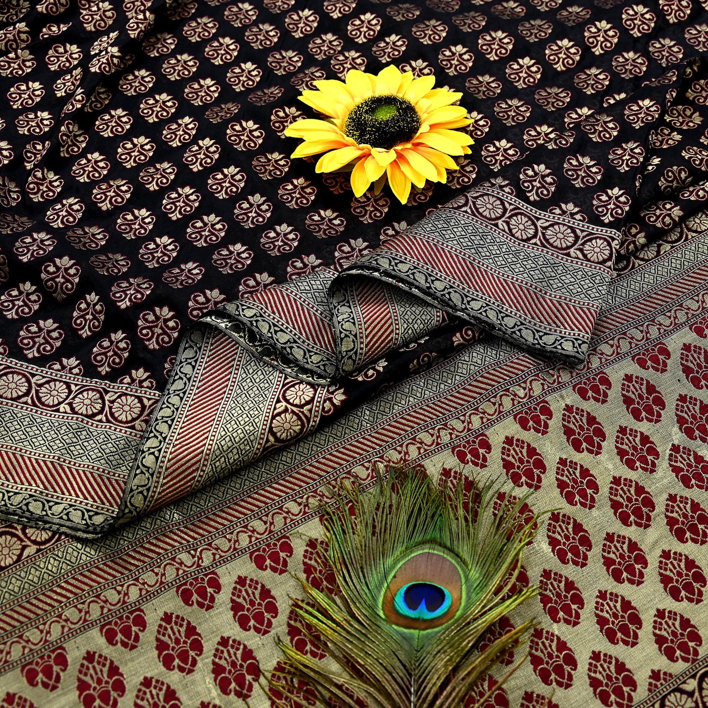 Vintage Heavy Black Sarees Pure Silk Hand Woven Sari Craft Fabric 5Yd Sewing Soft Ethnic Zari Dress Making Wedding Sari