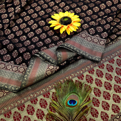 Vintage Heavy Black Sarees Pure Silk Hand Woven Sari Craft Fabric 5Yd Sewing Soft Ethnic Zari Dress Making Wedding Sari