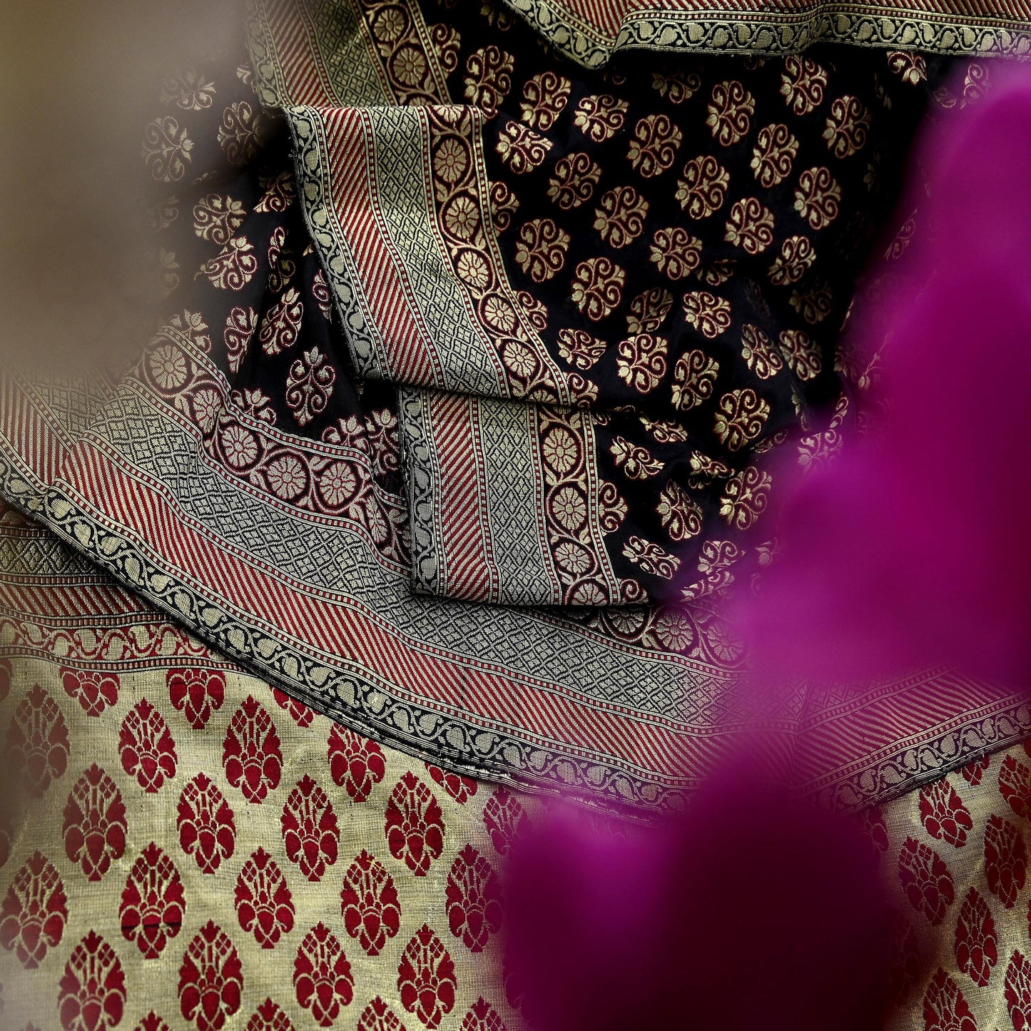 Vintage Heavy Black Sarees Pure Silk Hand Woven Sari Craft Fabric 5Yd Sewing Soft Ethnic Zari Dress Making Wedding Sari