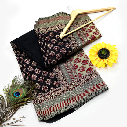 Vintage Heavy Black Sarees Pure Silk Hand Woven Sari Craft Fabric 5Yd Sewing Soft Ethnic Zari Dress Making Wedding Sari