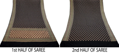 Vintage Heavy Black Sarees Pure Silk Hand Woven Sari Craft Fabric 5Yd Sewing Soft Ethnic Zari Dress Making Wedding Sari