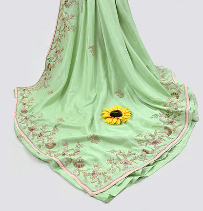 Indian Pre-owned Sari Green Pure Chanderi Silk Hand Embroidered Anamika Khanna Designer Sarees Ethnic 6Yd Sewing  Zardozi Wedding Sarees