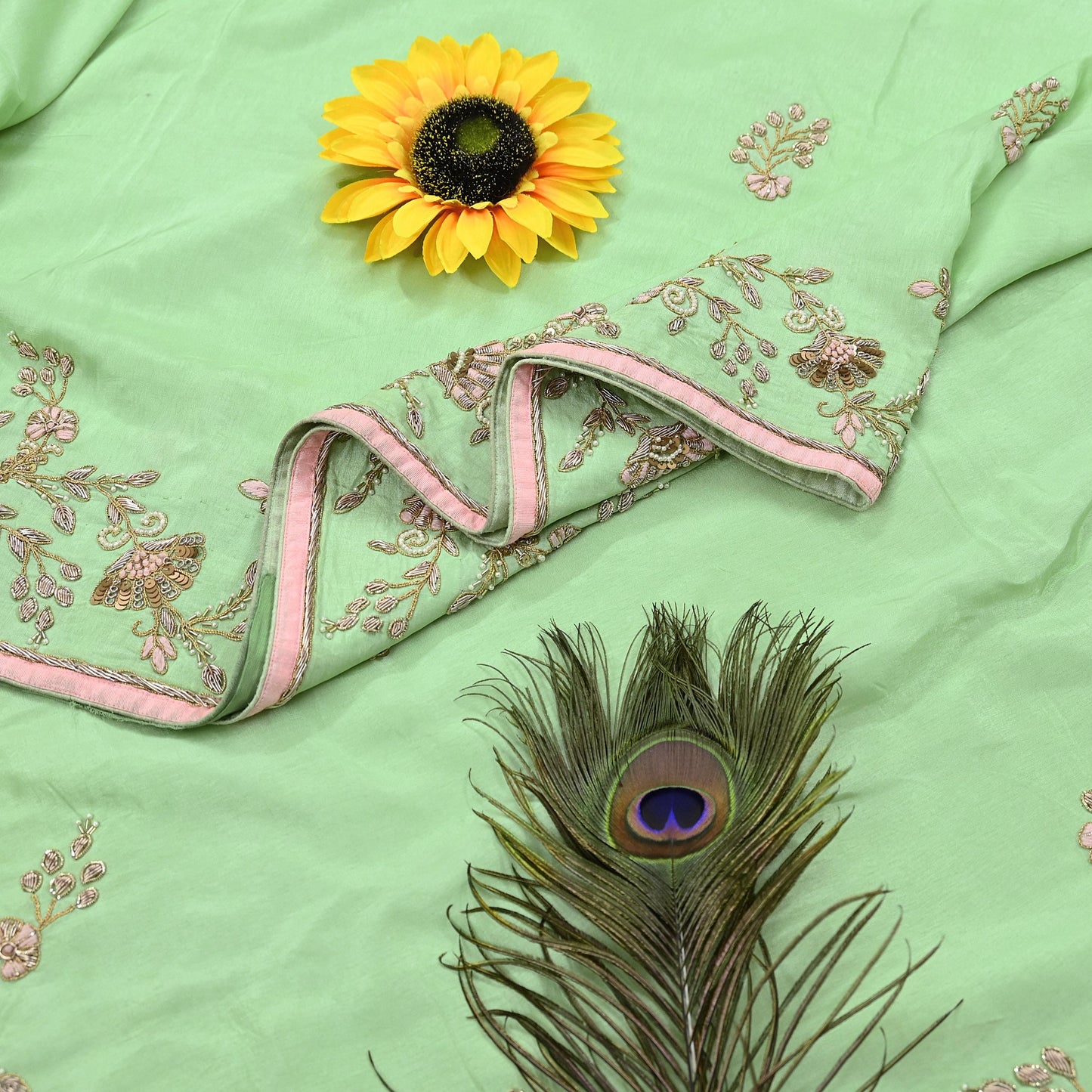 Indian Pre-owned Sari Green Pure Chanderi Silk Hand Embroidered Anamika Khanna Designer Sarees Ethnic 6Yd Sewing  Zardozi Wedding Sarees