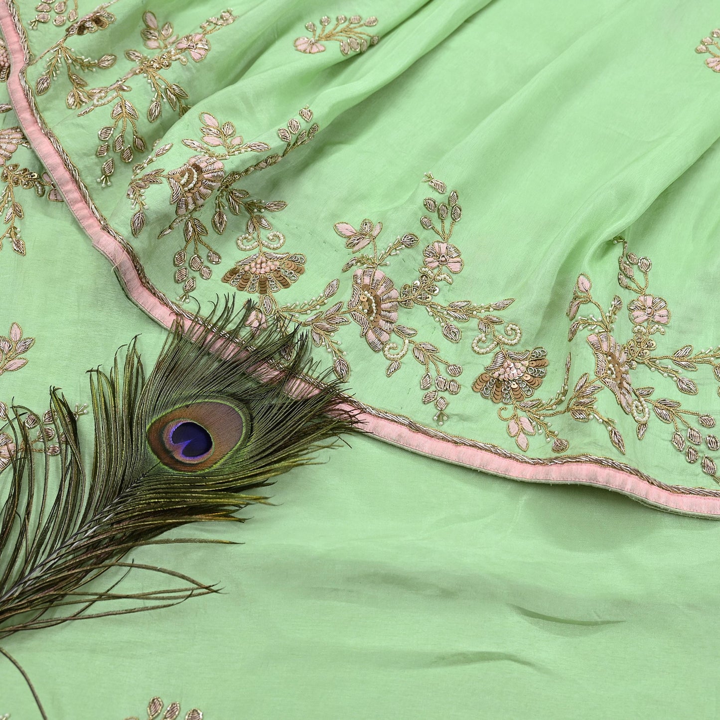 Indian Pre-owned Sari Green Pure Chanderi Silk Hand Embroidered Anamika Khanna Designer Sarees Ethnic 6Yd Sewing  Zardozi Wedding Sarees