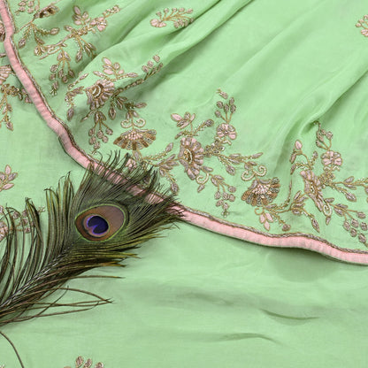 Indian Pre-owned Sari Green Pure Chanderi Silk Hand Embroidered Anamika Khanna Designer Sarees Ethnic 6Yd Sewing  Zardozi Wedding Sarees