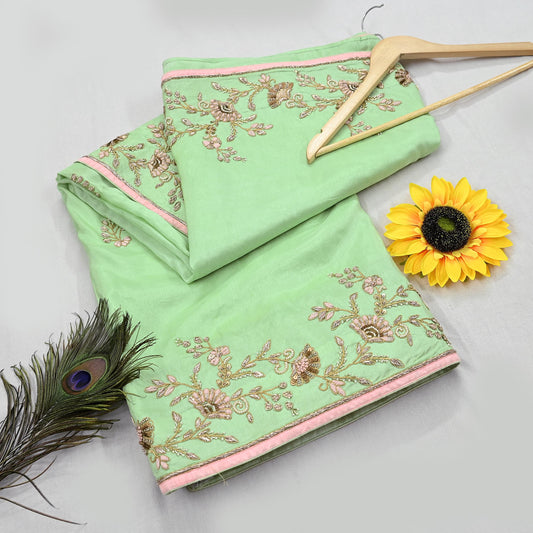 Indian Pre-owned Sari Green Pure Chanderi Silk Hand Embroidered Anamika Khanna Designer Sarees Ethnic 6Yd Sewing  Zardozi Wedding Sarees