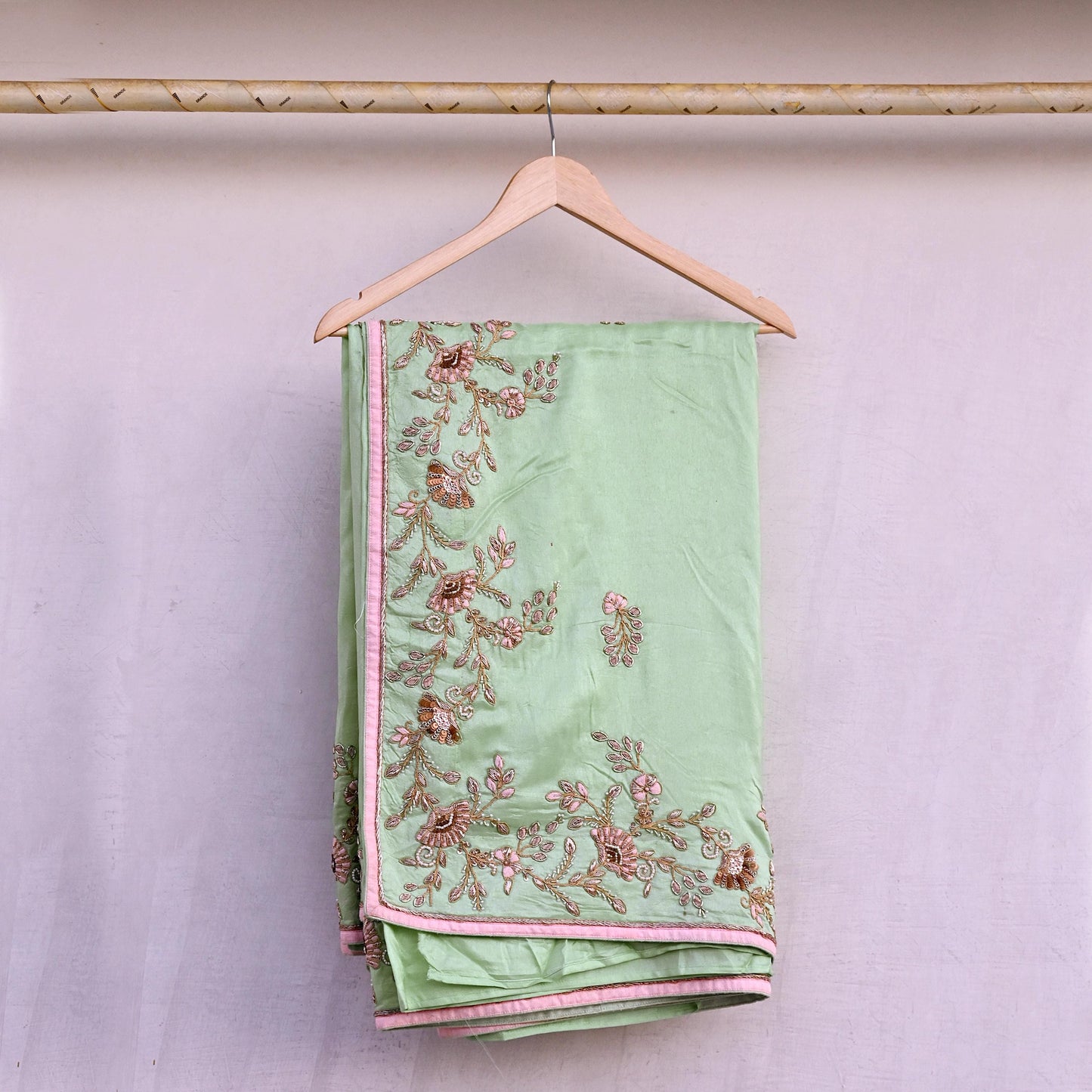 Indian Pre-owned Sari Green Pure Chanderi Silk Hand Embroidered Anamika Khanna Designer Sarees Ethnic 6Yd Sewing  Zardozi Wedding Sarees