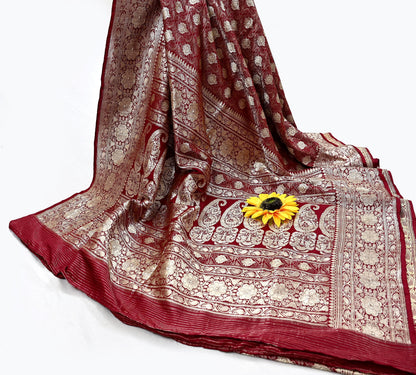 Indian Antique Vintage Heavy Sari Maroon Pure Silk Hand Woven Banarasi Sarees Zari 5Yd Pre-owned Designing