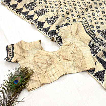 Indian Vintage Beige Saree Pure Khadi Silk Handloom Embroidered  Sari Craft Fabric 5yd Ethnic Wear Border Dress making Upcycle with Blouse