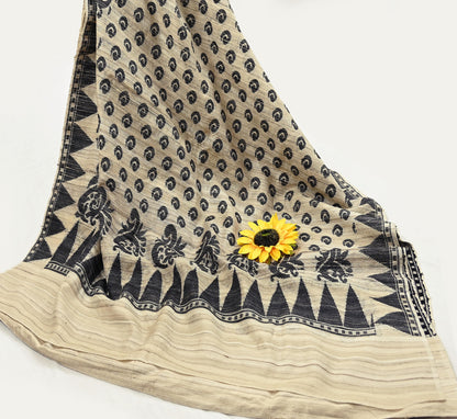 Indian Vintage Beige Saree Pure Khadi Silk Handloom Embroidered  Sari Craft Fabric 5yd Ethnic Wear Border Dress making Upcycle with Blouse