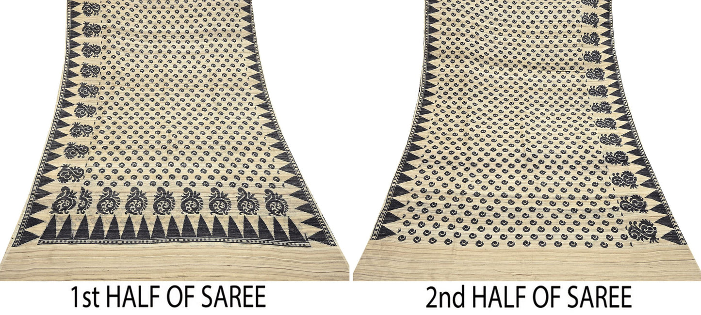 Indian Vintage Beige Saree Pure Khadi Silk Handloom Embroidered  Sari Craft Fabric 5yd Ethnic Wear Border Dress making Upcycle with Blouse