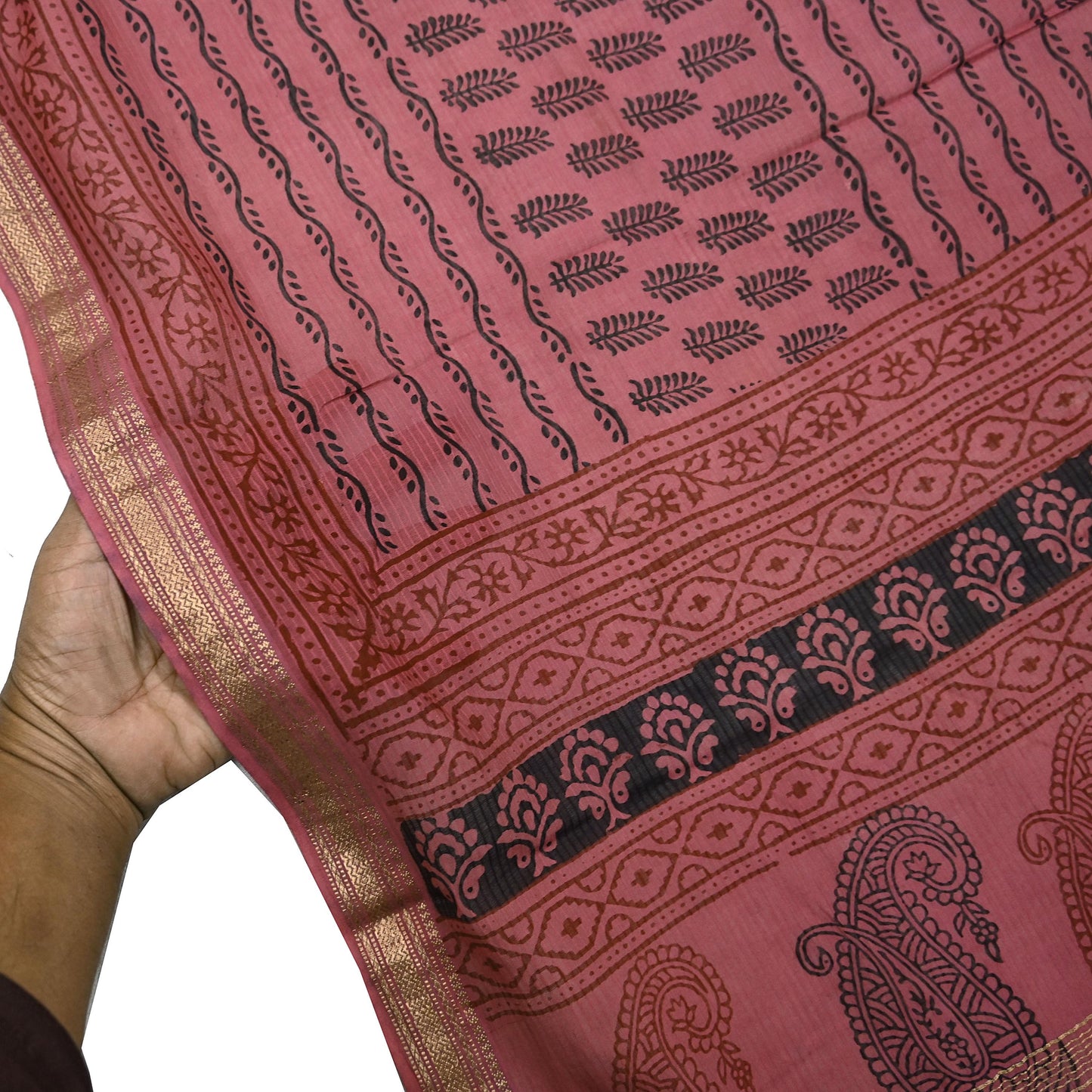 Indian Pink Vintage Dupatta Long Stole Block Print Pure Chanderi Silk Scarves Veil Golden Zari Soft Paisley Design