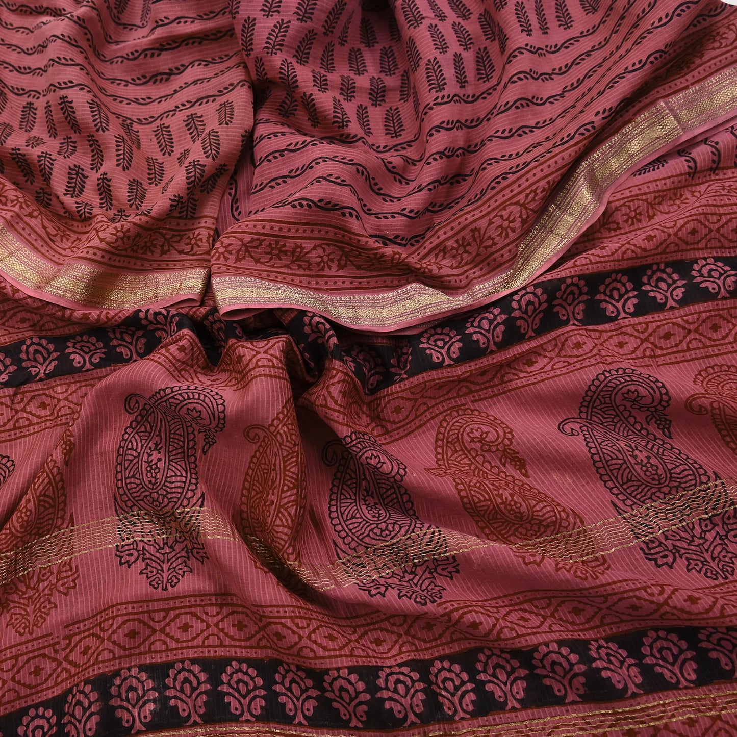 Indian Pink Vintage Dupatta Long Stole Block Print Pure Chanderi Silk Scarves Veil Golden Zari Soft Paisley Design
