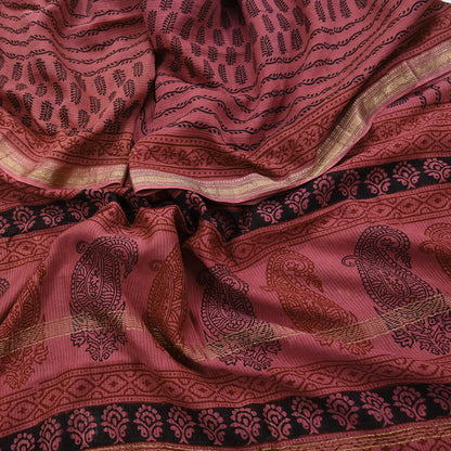 Indian Pink Vintage Dupatta Long Stole Block Print Pure Chanderi Silk Scarves Veil Golden Zari Soft Paisley Design