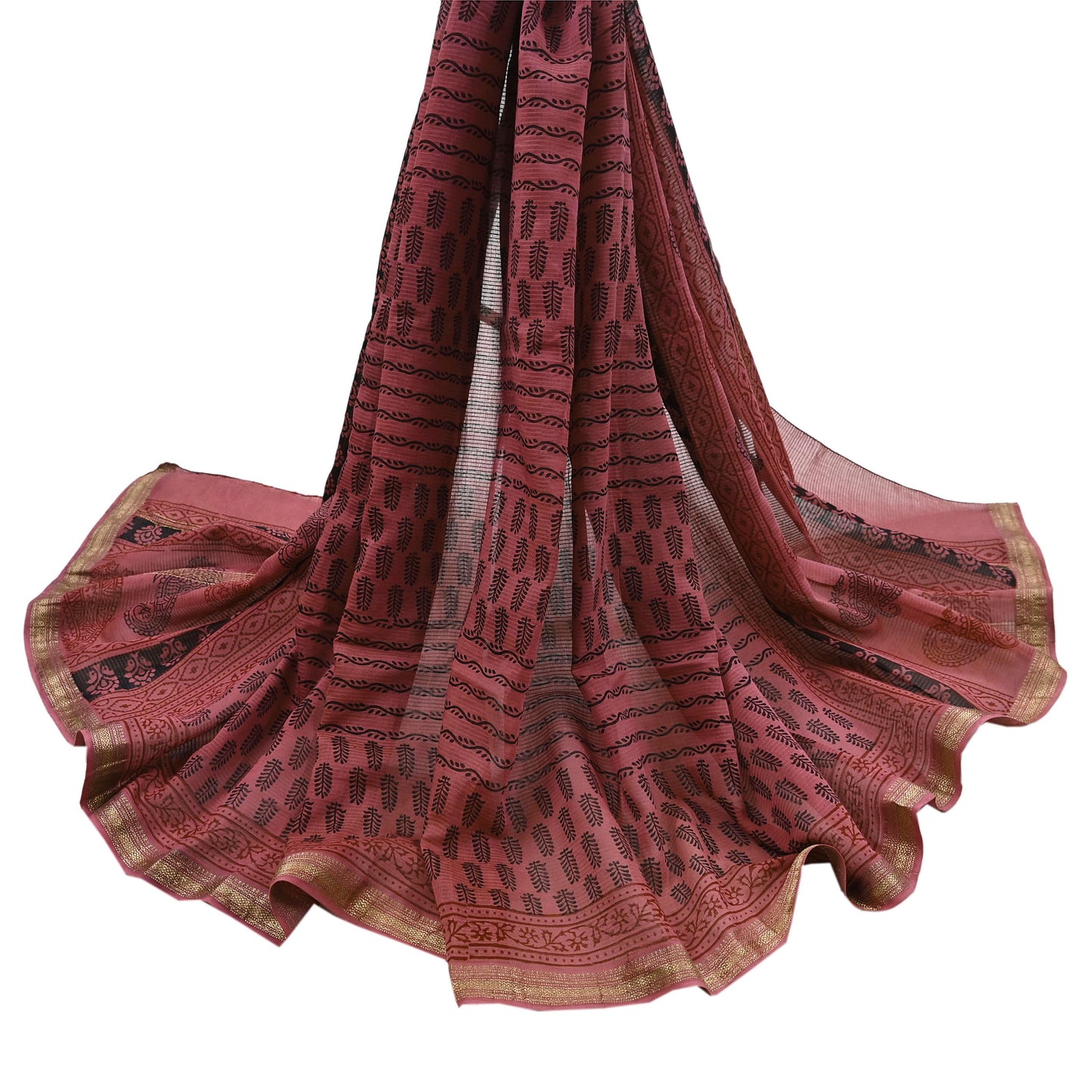Indian Pink Vintage Dupatta Long Stole Block Print Pure Chanderi Silk Scarves Veil Golden Zari Soft Paisley Design