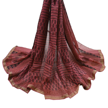 Indian Pink Vintage Dupatta Long Stole Block Print Pure Chanderi Silk Scarves Veil Golden Zari Soft Paisley Design