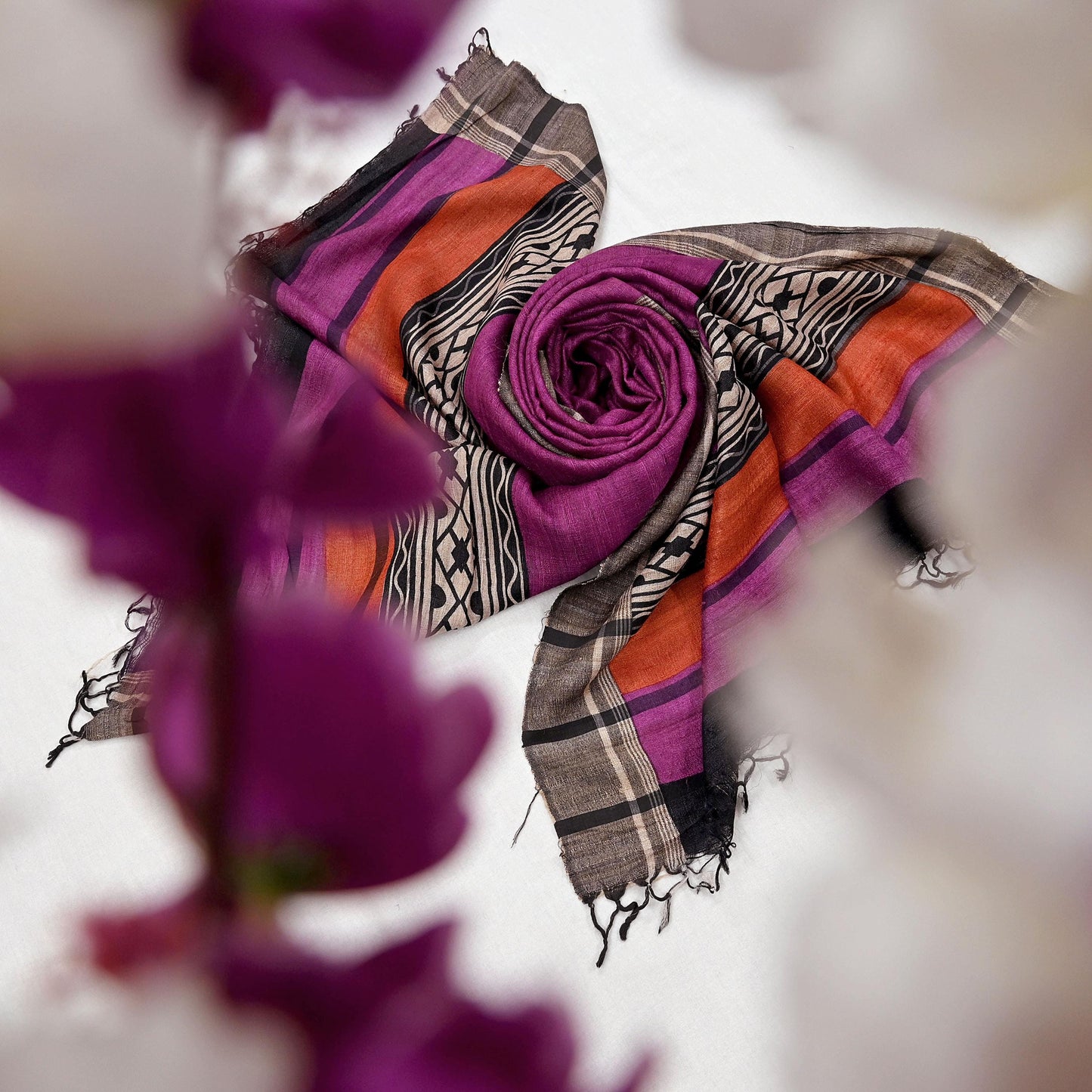 Indian Vintage Purple Dupatta Long Stole 100% Pure Khadi Silk Hand Woven/ Printed Scarves Veil Scarf Wrap Hippie Fringes