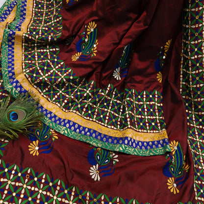 Indian Vintage Heavy Sarees Maroon Pure Silk Hand Embroidered Kutch work Sari Fabric 5Yd Sewing Ethnic Zardozi/dabka zari Wedding sarees