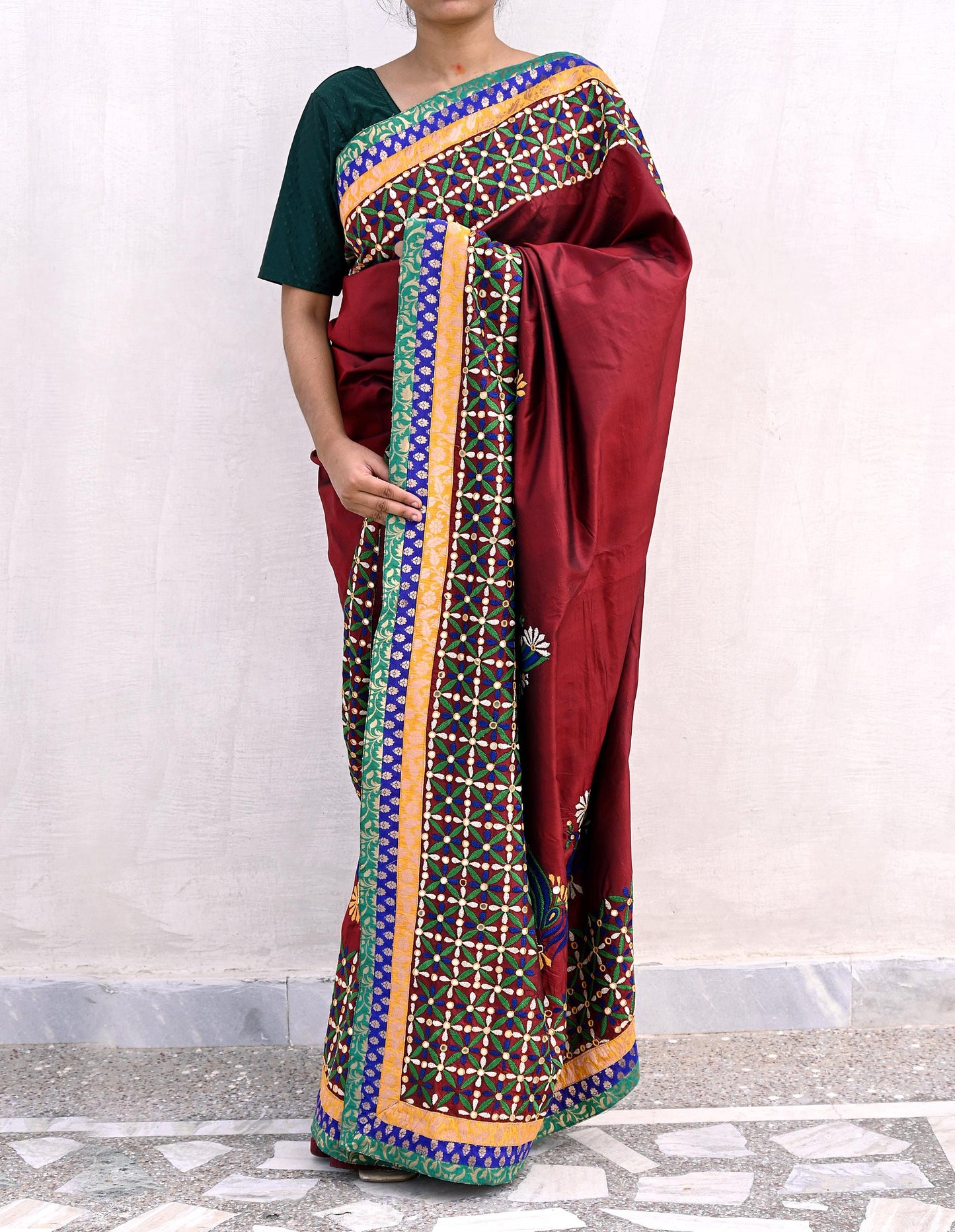 Indian Vintage Heavy Sarees Maroon Pure Silk Hand Embroidered Kutch work Sari Fabric 5Yd Sewing Ethnic Zardozi/dabka zari Wedding sarees