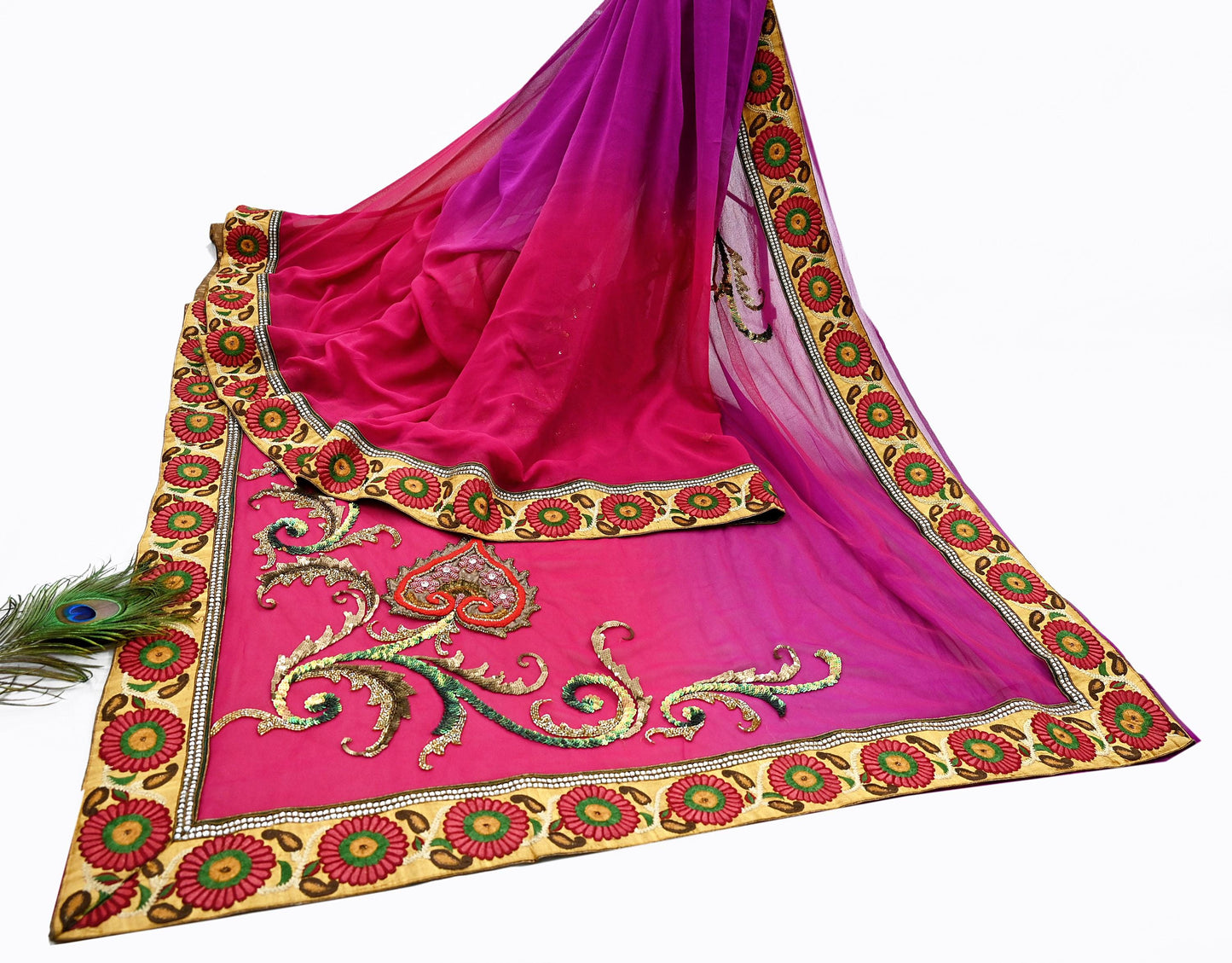 Indian Pre-Owned Sari Pink & Purple net,Pure Georgette Silk Hand Embroidered Designer Manish Malhotra Sarees Ethnic Dabka Zari Wedding Saree