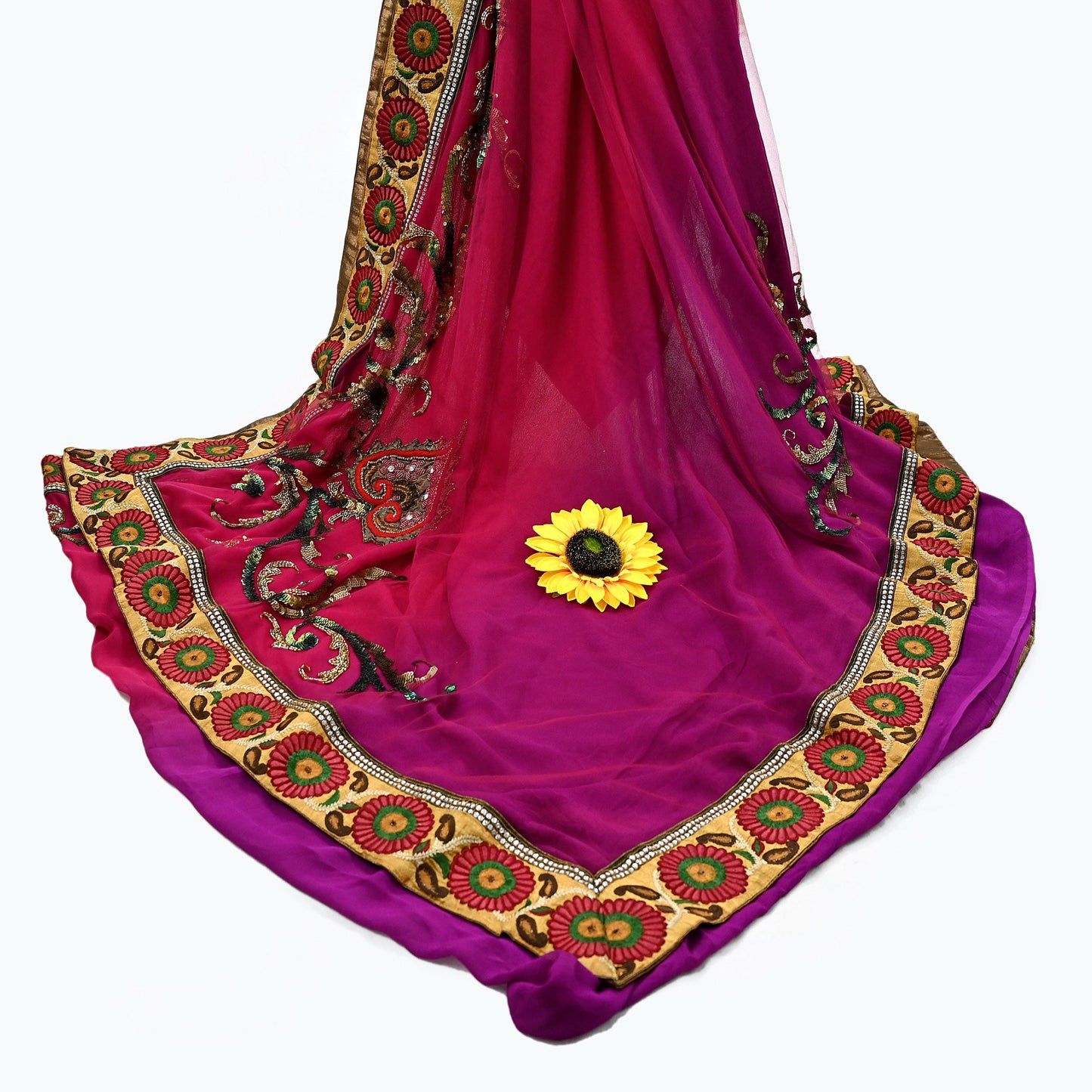 Indian Pre-Owned Sari Pink & Purple net,Pure Georgette Silk Hand Embroidered Designer Manish Malhotra Sarees Ethnic Dabka Zari Wedding Saree