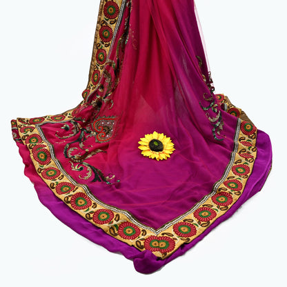 Indian Pre-Owned Sari Pink & Purple net,Pure Georgette Silk Hand Embroidered Designer Manish Malhotra Sarees Ethnic Dabka Zari Wedding Saree