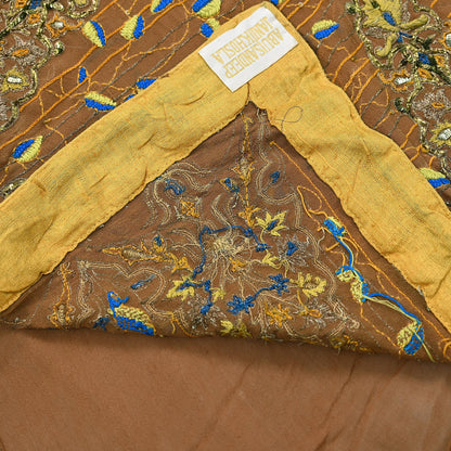 Indian Pre-owned Heavy Sari Brown Pure Georgette Silk Hand Embroidered Kantha Sarees Designer Abu Jani 6Yd Sewing Ethnic Sarees