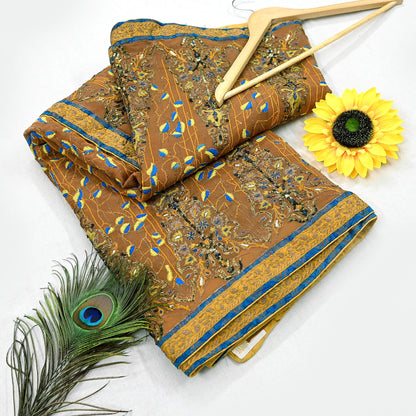 Indian Pre-owned Heavy Sari Brown Pure Georgette Silk Hand Embroidered Kantha Sarees Designer Abu Jani 6Yd Sewing Ethnic Sarees