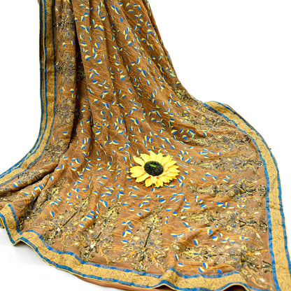 Indian Pre-owned Heavy Sari Brown Pure Georgette Silk Hand Embroidered Kantha Sarees Designer Abu Jani 6Yd Sewing Ethnic Sarees