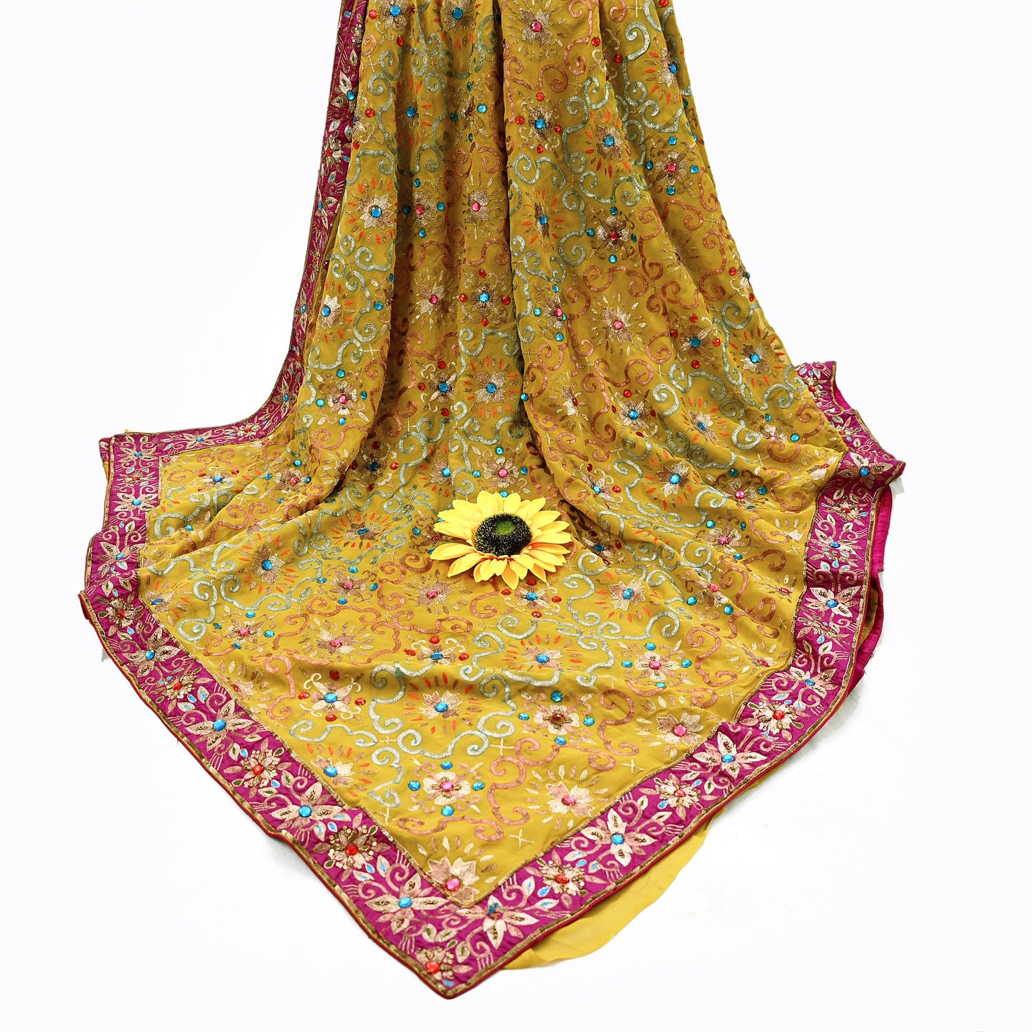 Indian Heavy Sari Mustard Pure Georgette Silk Hand Embroidered Sarees Designer Manish Malhotra 6Yd Sewing Ethnic Bollywood party wear saree