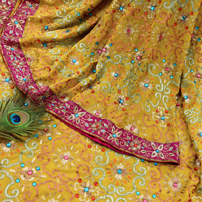 Indian Heavy Sari Mustard Pure Georgette Silk Hand Embroidered Sarees Designer Manish Malhotra 6Yd Sewing Ethnic Bollywood party wear saree