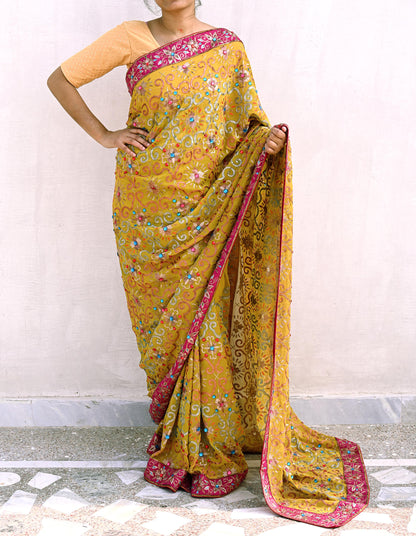 Indian Heavy Sari Mustard Pure Georgette Silk Hand Embroidered Sarees Designer Manish Malhotra 6Yd Sewing Ethnic Bollywood party wear saree
