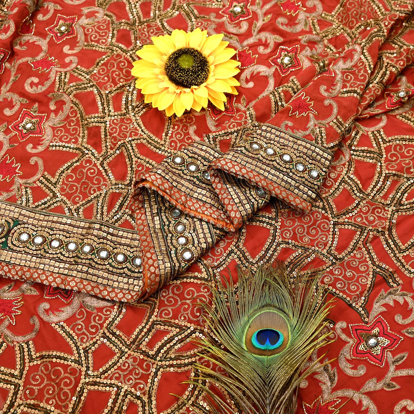 Indian Pre-owned Sari Rusty Red Pure Georgette Silk Hand Embroidered Anamika Khanna Designer Sarees Ethnic 6Yd Sewing  Wedding Sarees