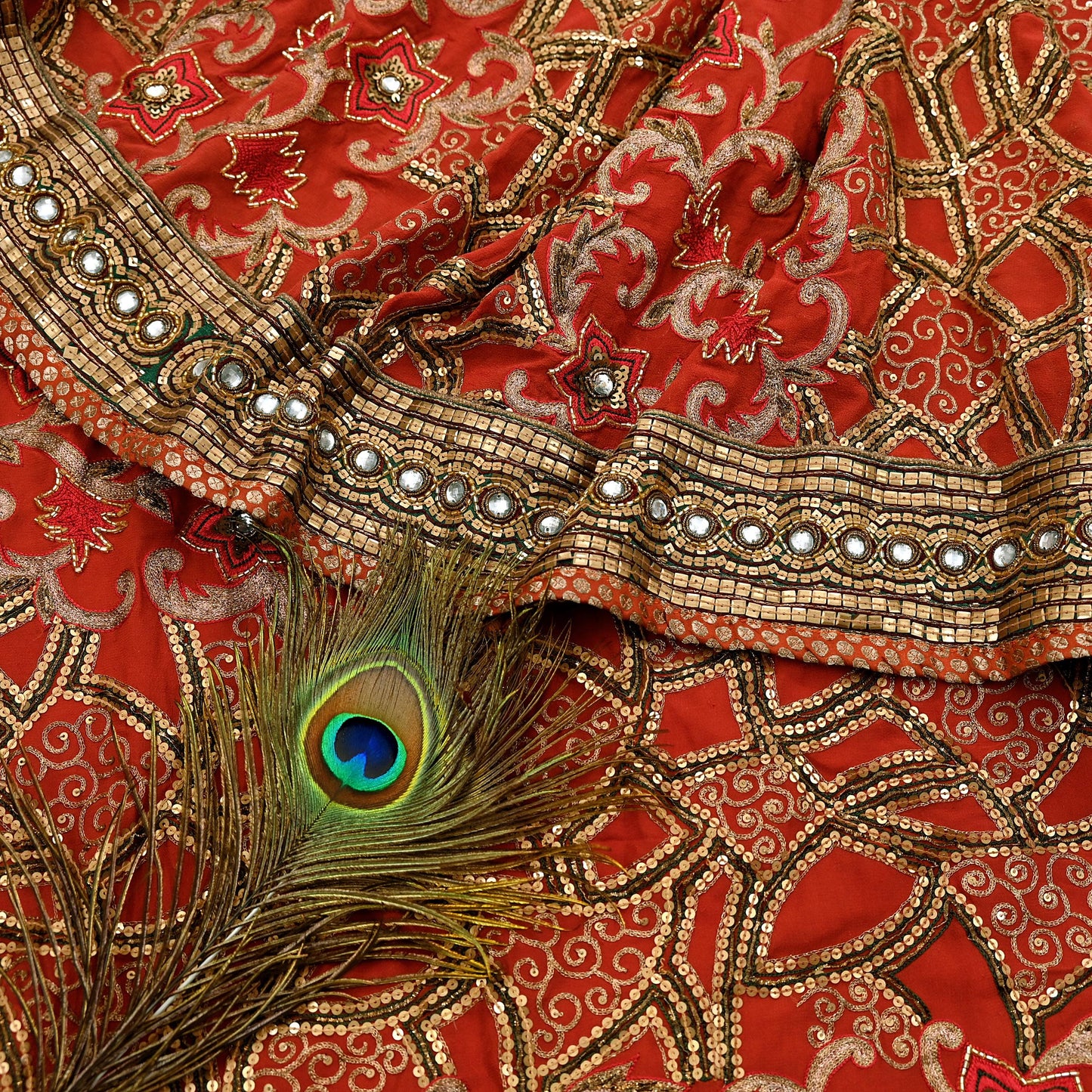 Indian Pre-owned Sari Rusty Red Pure Georgette Silk Hand Embroidered Anamika Khanna Designer Sarees Ethnic 6Yd Sewing  Wedding Sarees