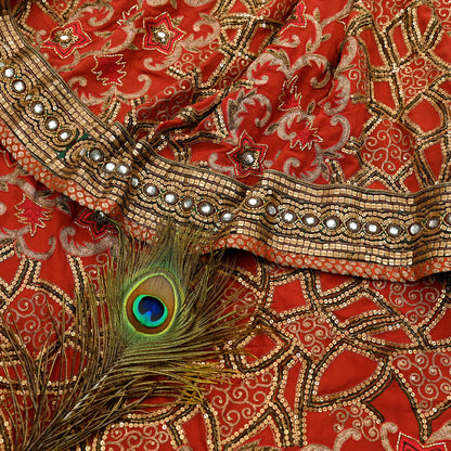 Indian Pre-owned Sari Rusty Red Pure Georgette Silk Hand Embroidered Anamika Khanna Designer Sarees Ethnic 6Yd Sewing  Wedding Sarees
