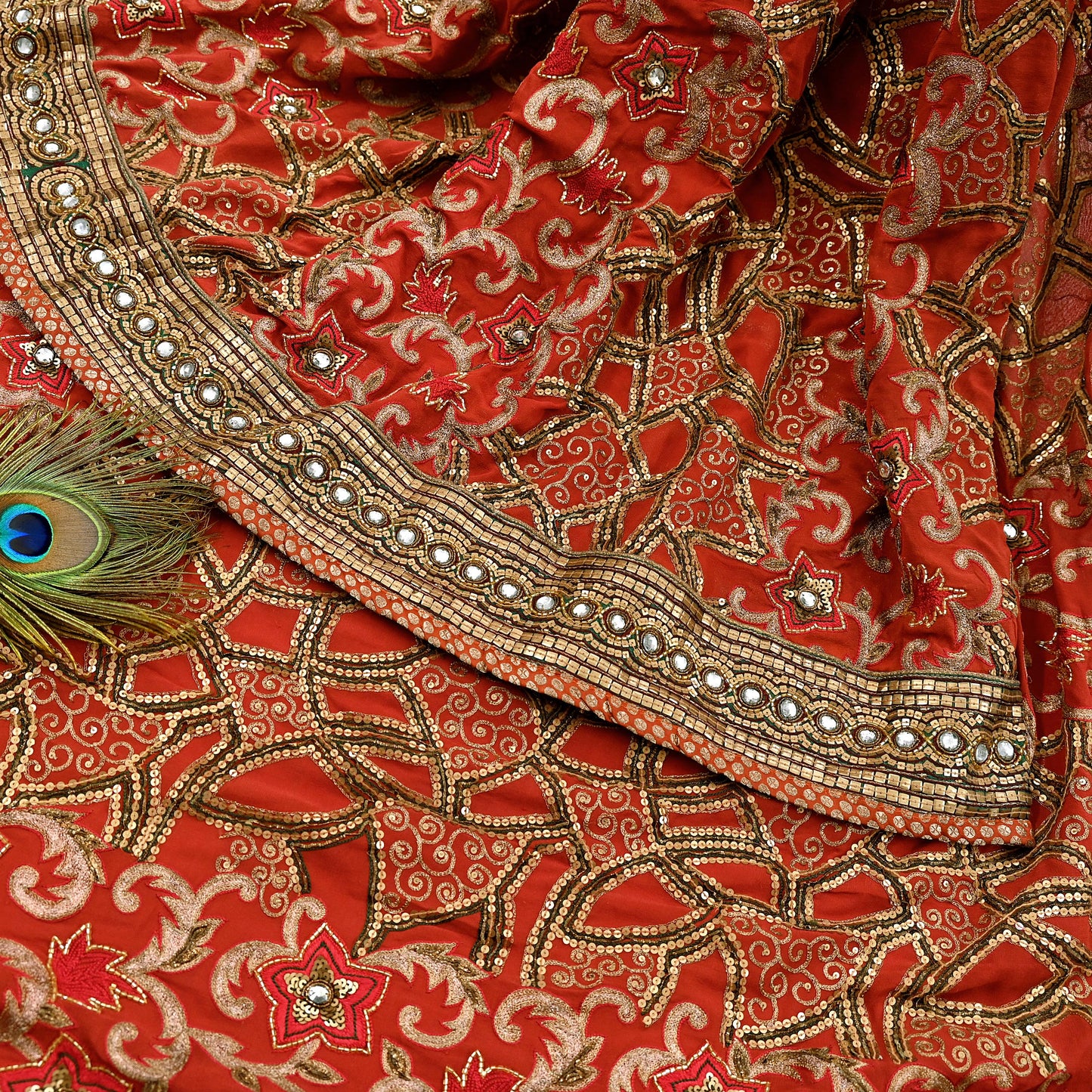 Indian Pre-owned Sari Rusty Red Pure Georgette Silk Hand Embroidered Anamika Khanna Designer Sarees Ethnic 6Yd Sewing  Wedding Sarees