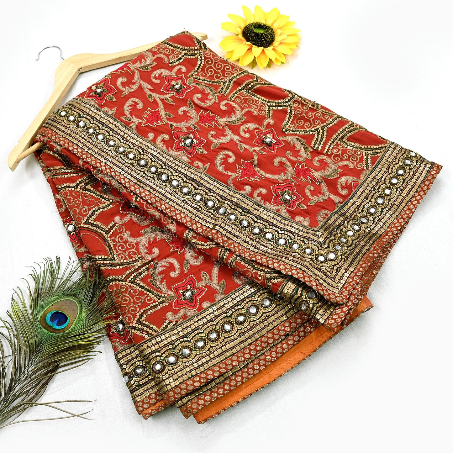 Indian Pre-owned Sari Rusty Red Pure Georgette Silk Hand Embroidered Anamika Khanna Designer Sarees Ethnic 6Yd Sewing  Wedding Sarees