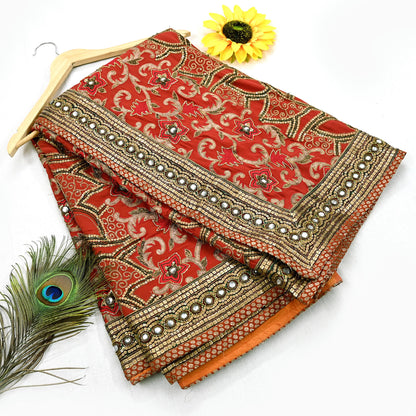 Indian Pre-owned Sari Rusty Red Pure Georgette Silk Hand Embroidered Anamika Khanna Designer Sarees Ethnic 6Yd Sewing  Wedding Sarees