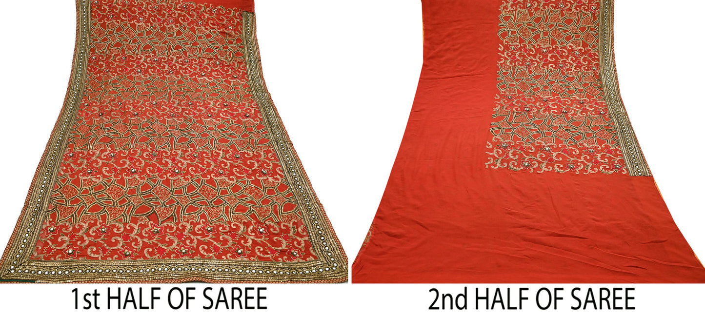 Indian Pre-owned Sari Rusty Red Pure Georgette Silk Hand Embroidered Anamika Khanna Designer Sarees Ethnic 6Yd Sewing  Wedding Sarees
