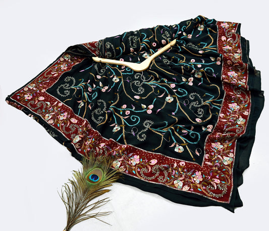 Indian Pre-owned Heavy Sari Black Pure Georgette Silk Hand Embroidered Sarees Designer Abu Jani 5Yd Sewing Ethnic Bollywood Designer Sarees