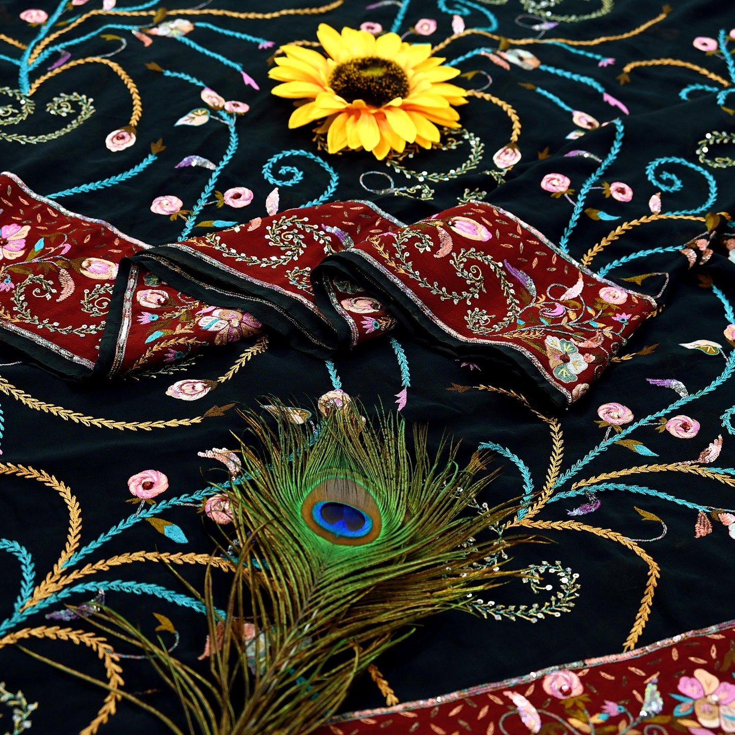 Indian Pre-owned Heavy Sari Black Pure Georgette Silk Hand Embroidered Sarees Designer Abu Jani 5Yd Sewing Ethnic Bollywood Designer Sarees