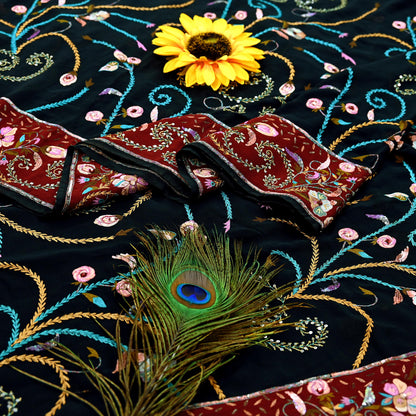 Indian Pre-owned Heavy Sari Black Pure Georgette Silk Hand Embroidered Sarees Designer Abu Jani 5Yd Sewing Ethnic Bollywood Designer Sarees